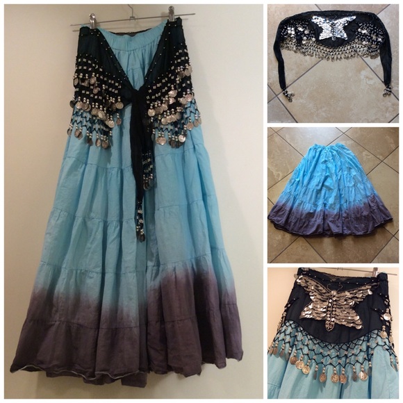 🌸 2PC BLUE MAXI SKIRT GYPSY FLARE WITH COIN BELT - Picture 7 of 8